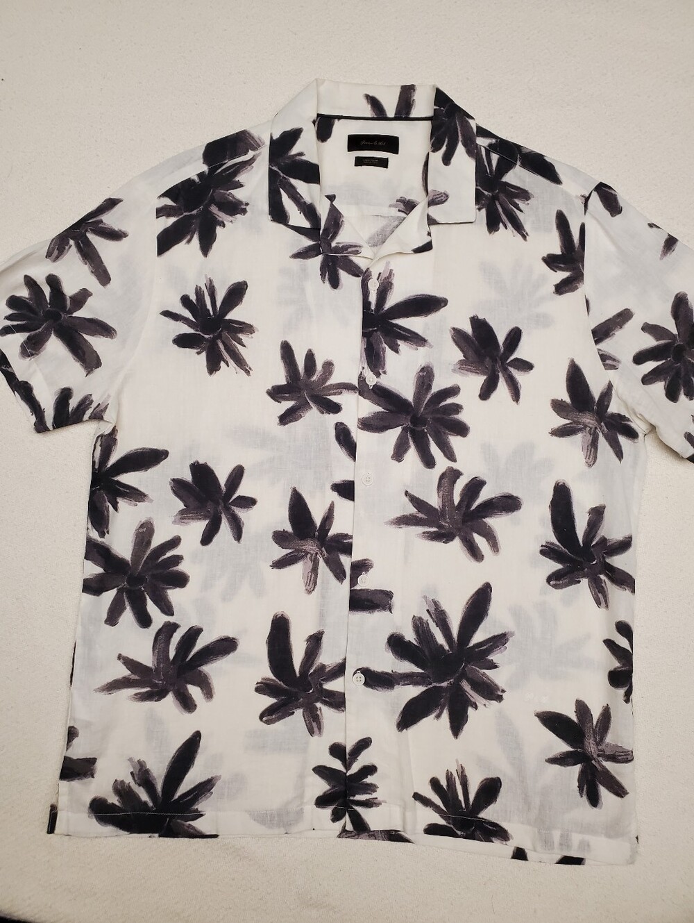 Porter Ash Mens Linen Blend Shirt Black White Brushstroke Floral Camp Shirt L